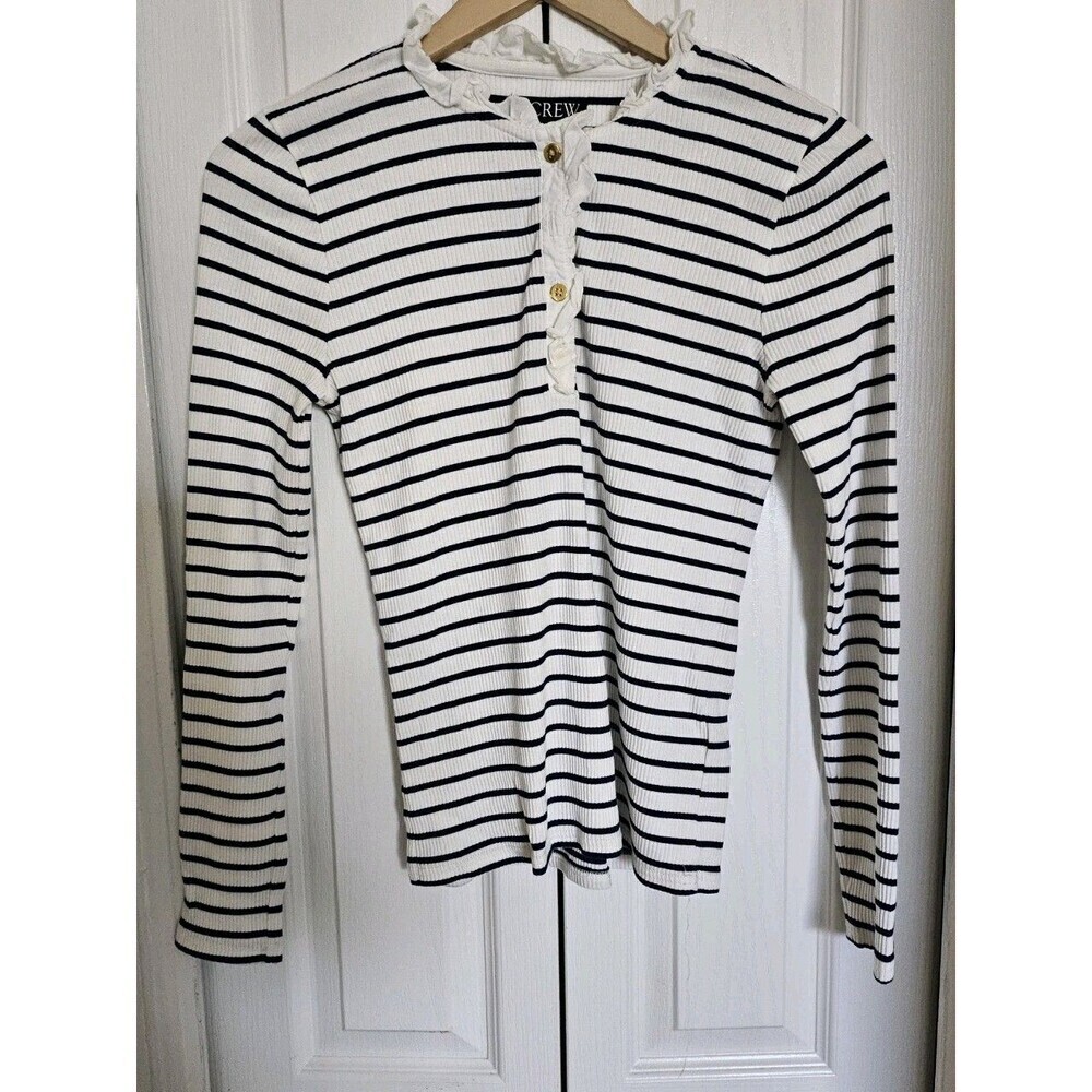 J. Crew Women's Ruffle-collar Long-Sleeve Shirt shirt instriped vintage Sz Small - Picture 2 of 16